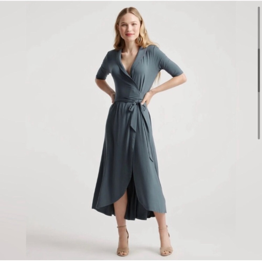 New Quince Tencel Blend Jersey Wrap Dress Olive Green M Feminine Stretchy
